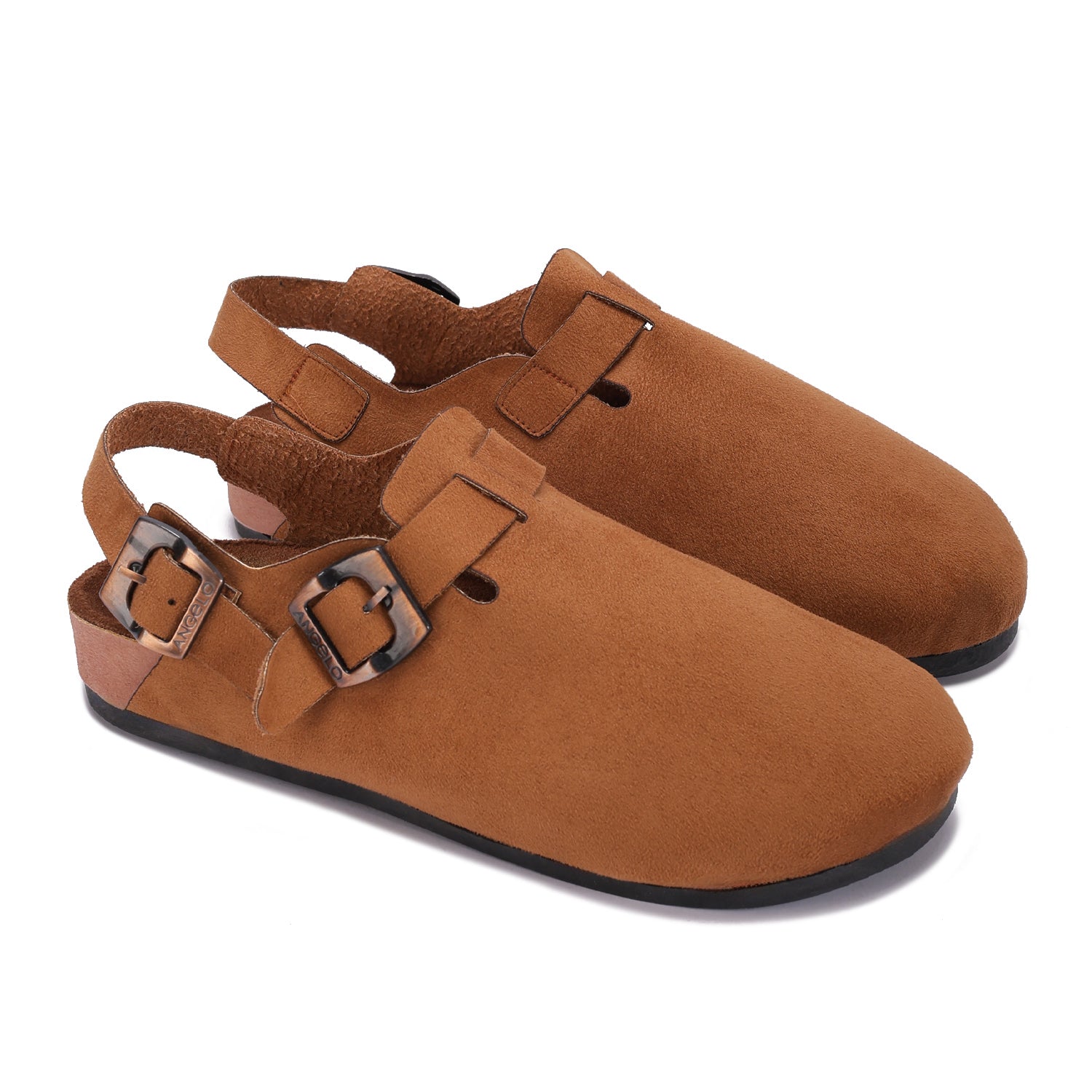 Double Buckle Suede Mules. - camel