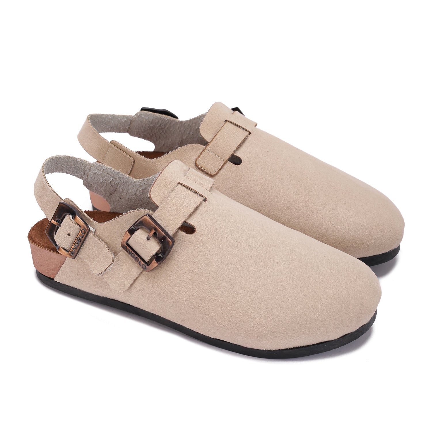 Double Buckle Suede Mules. - beige