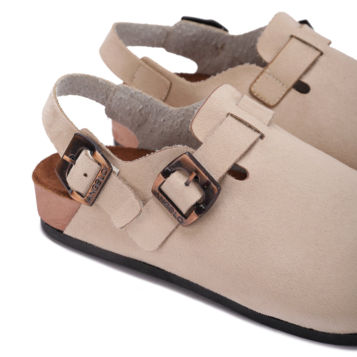 Double Buckle Suede Mules. - beige