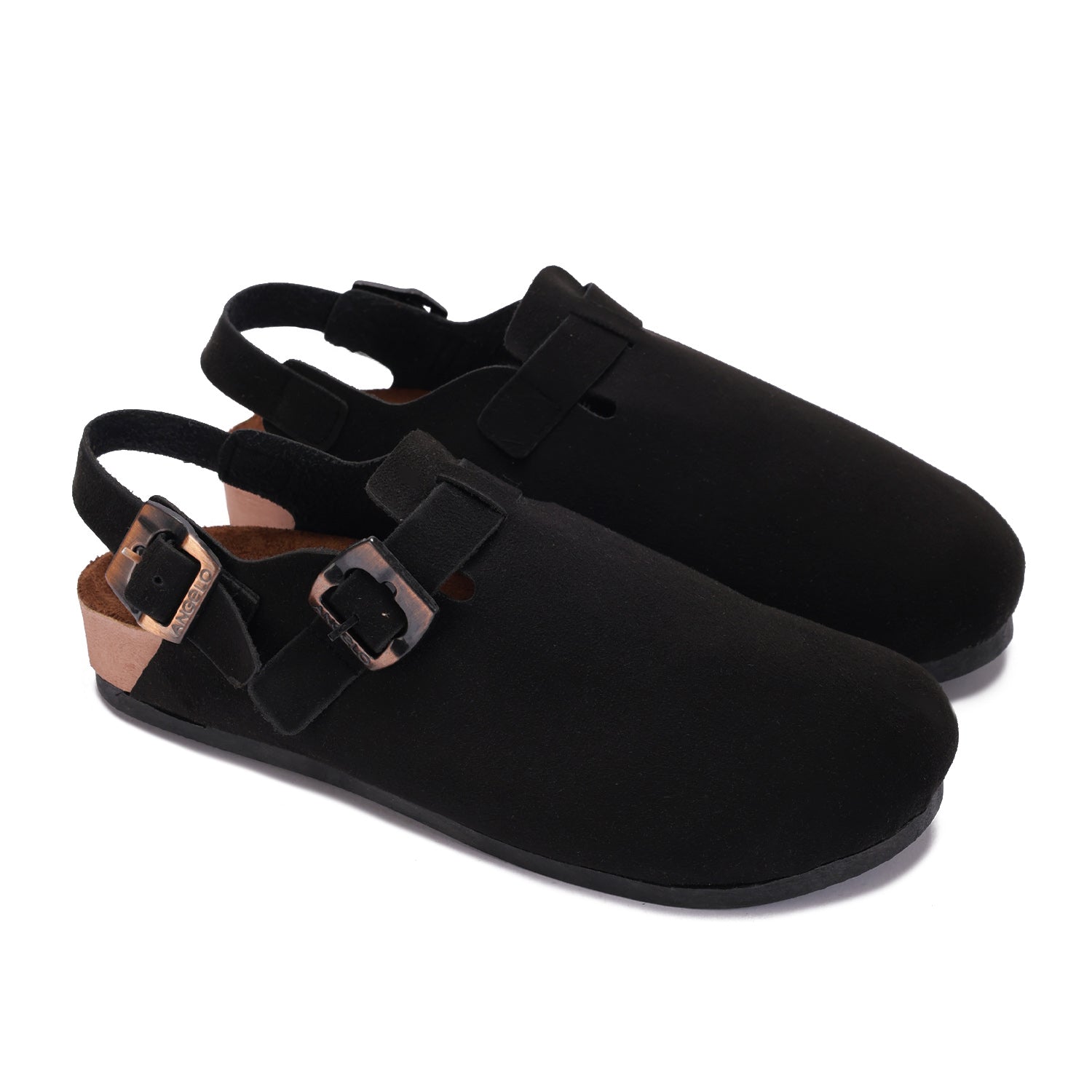 Double Buckle Suede Mules. - black
