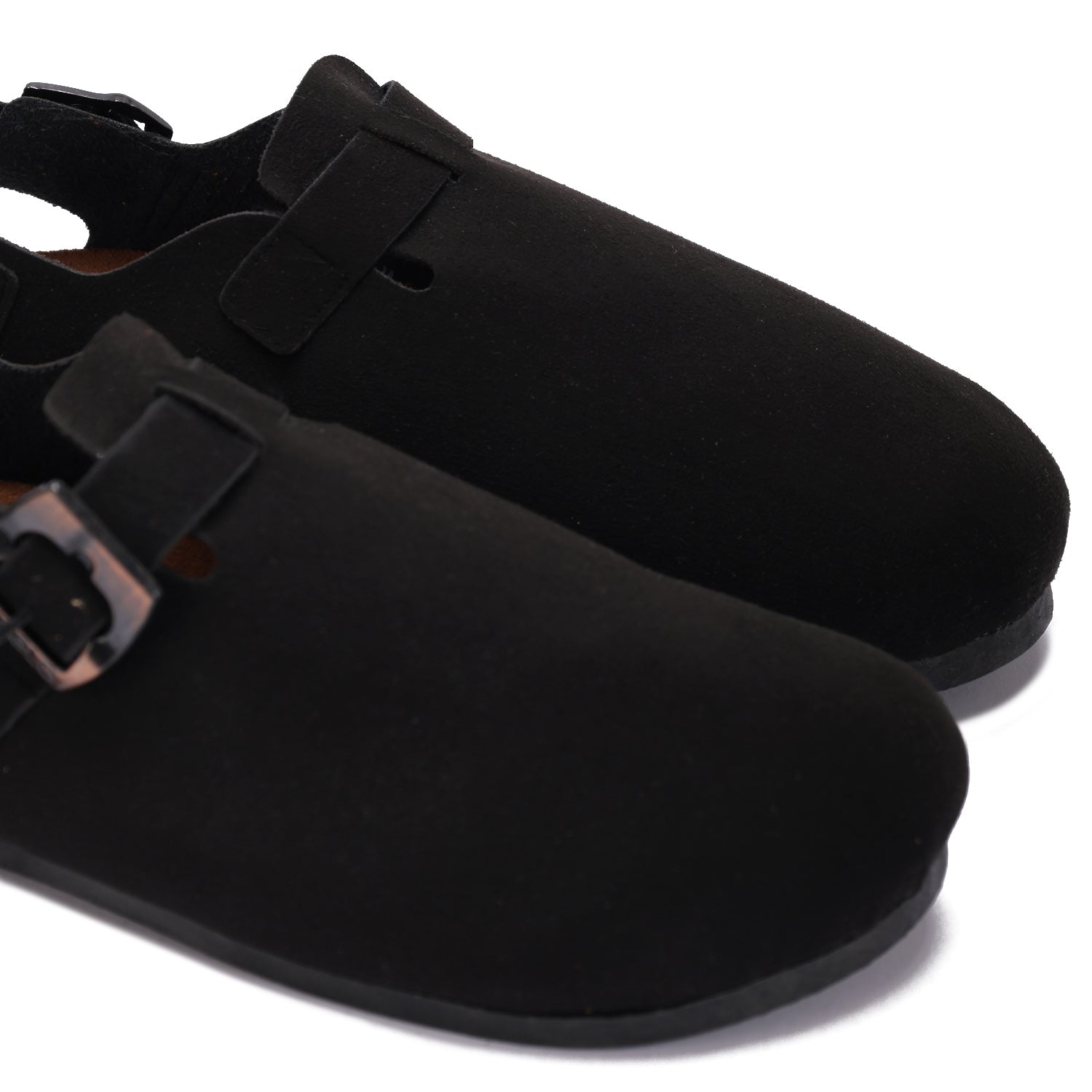 Double Buckle Suede Mules. - black