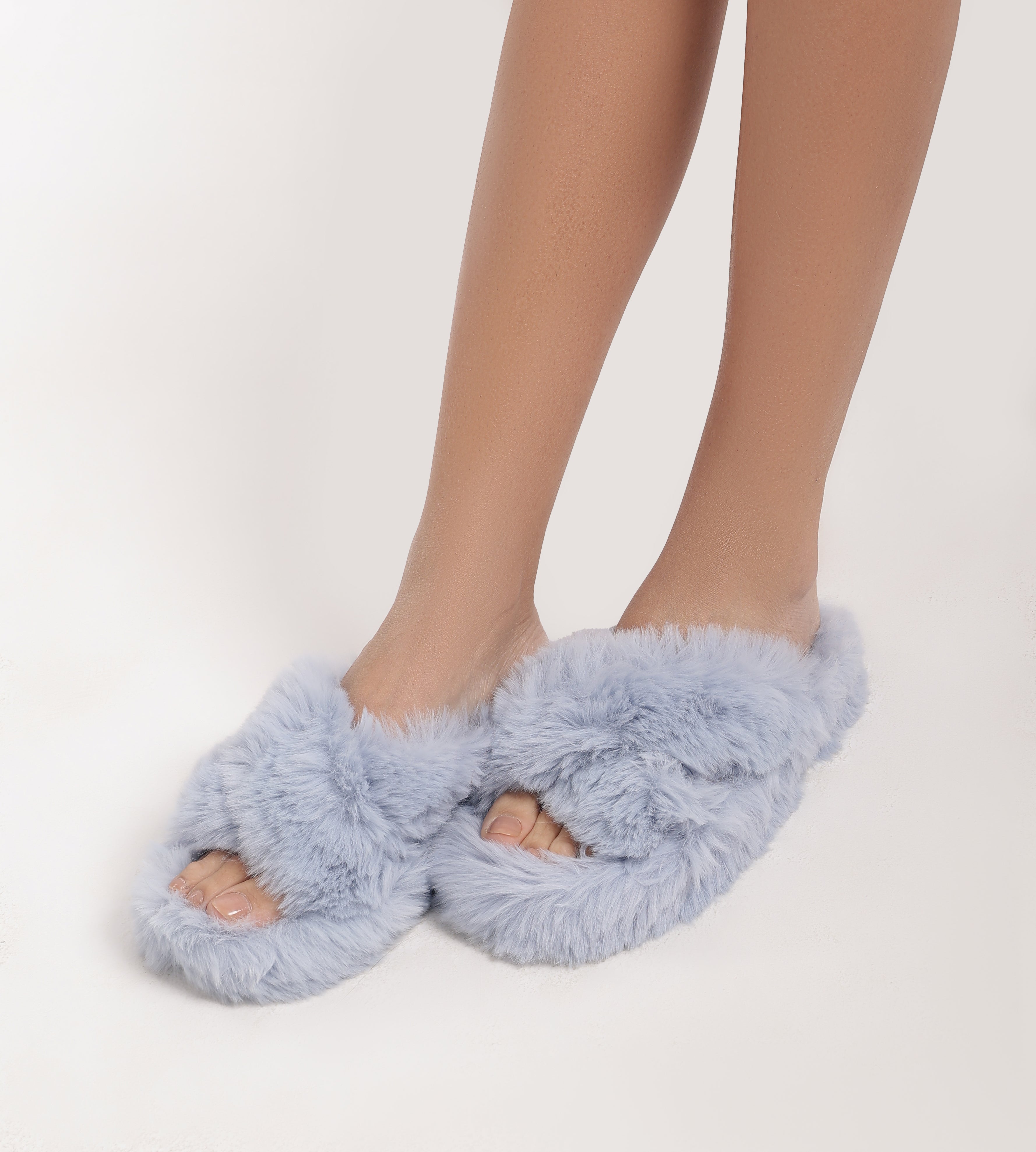 Faux Fur Criss-Cross Slippers - Baby Blue