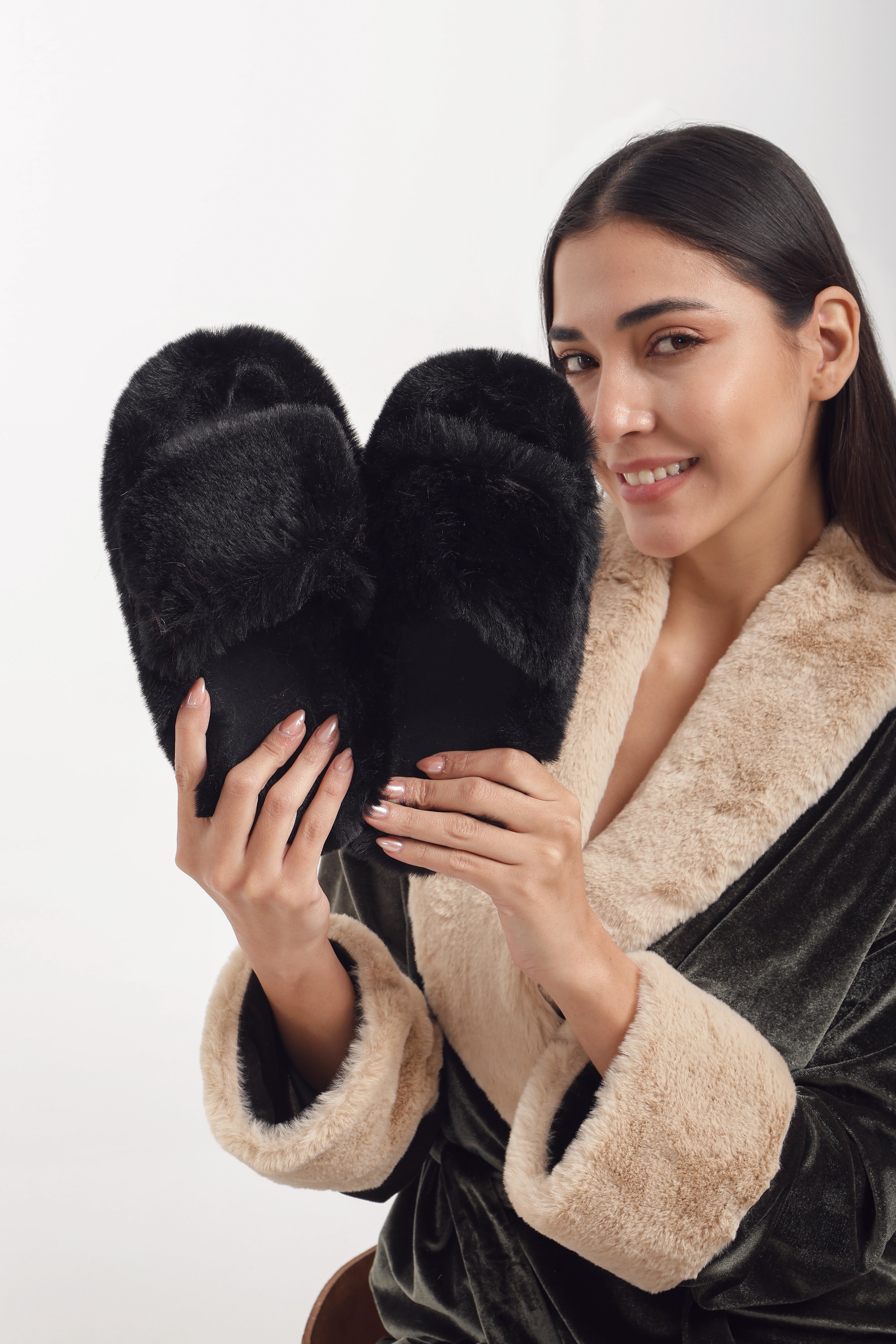 Faux Fur Open-Toe Slippers - Black