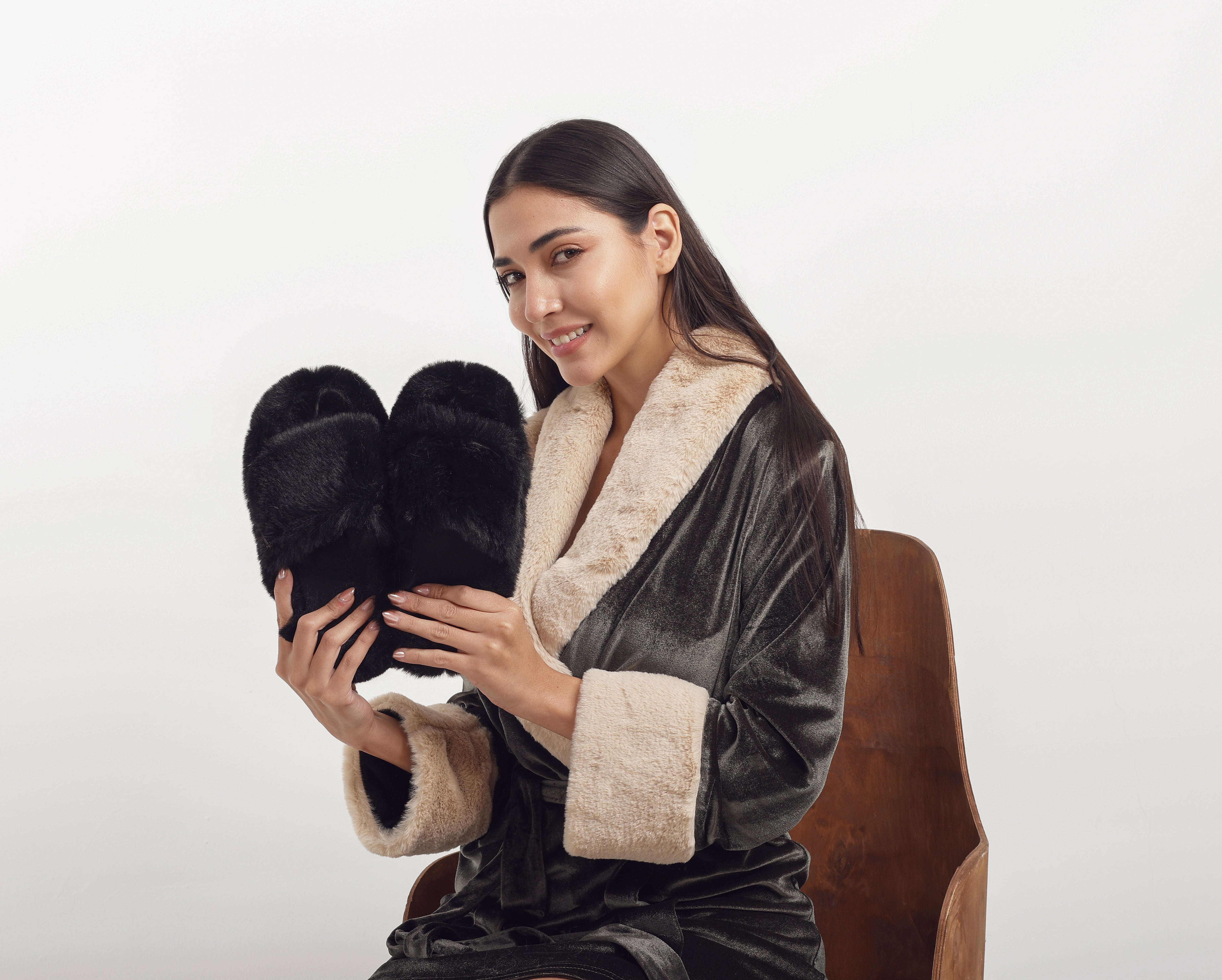 Faux Fur Open-Toe Slippers - Black