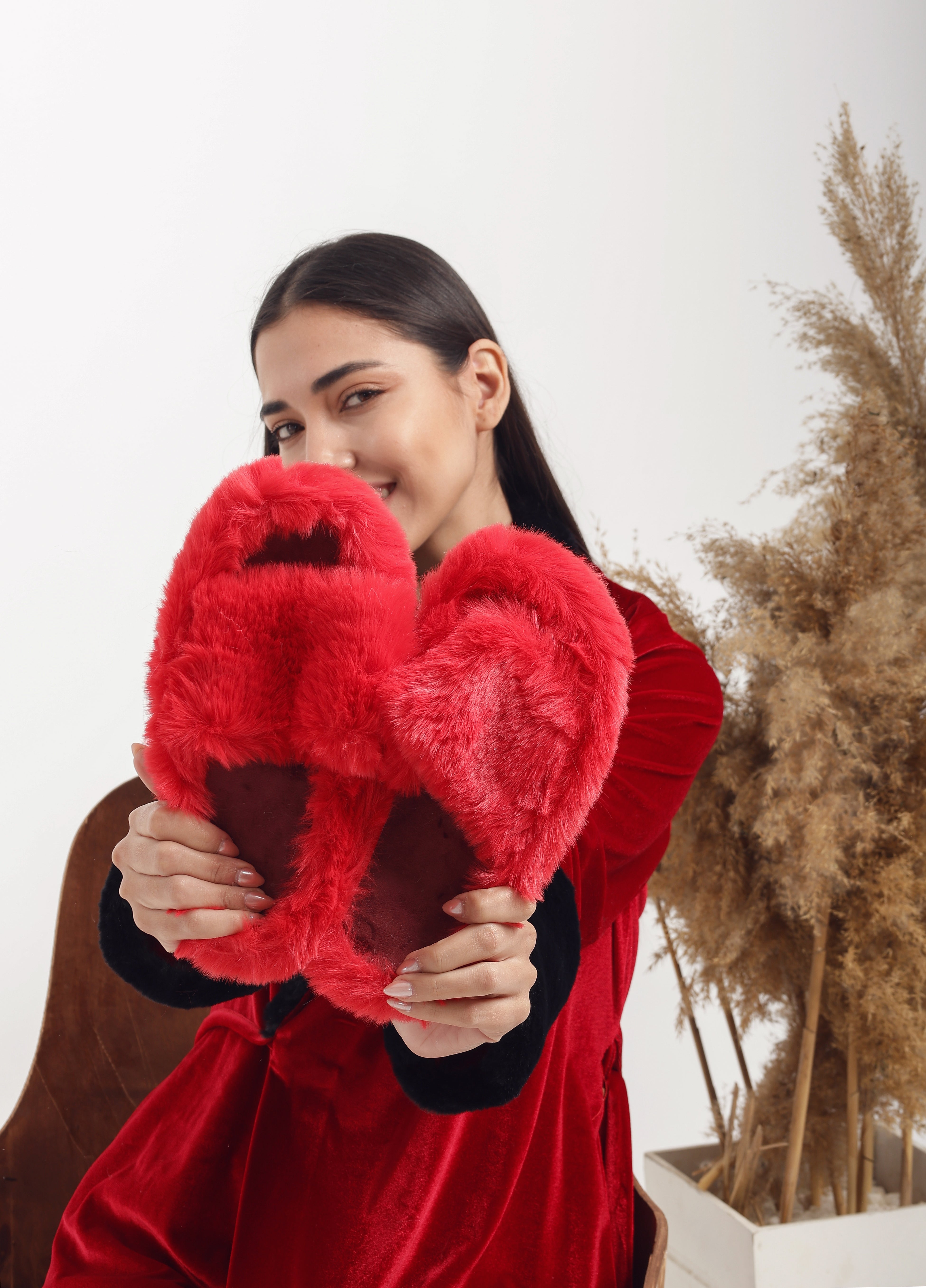 Faux Fur Open-Toe Slippers - Red