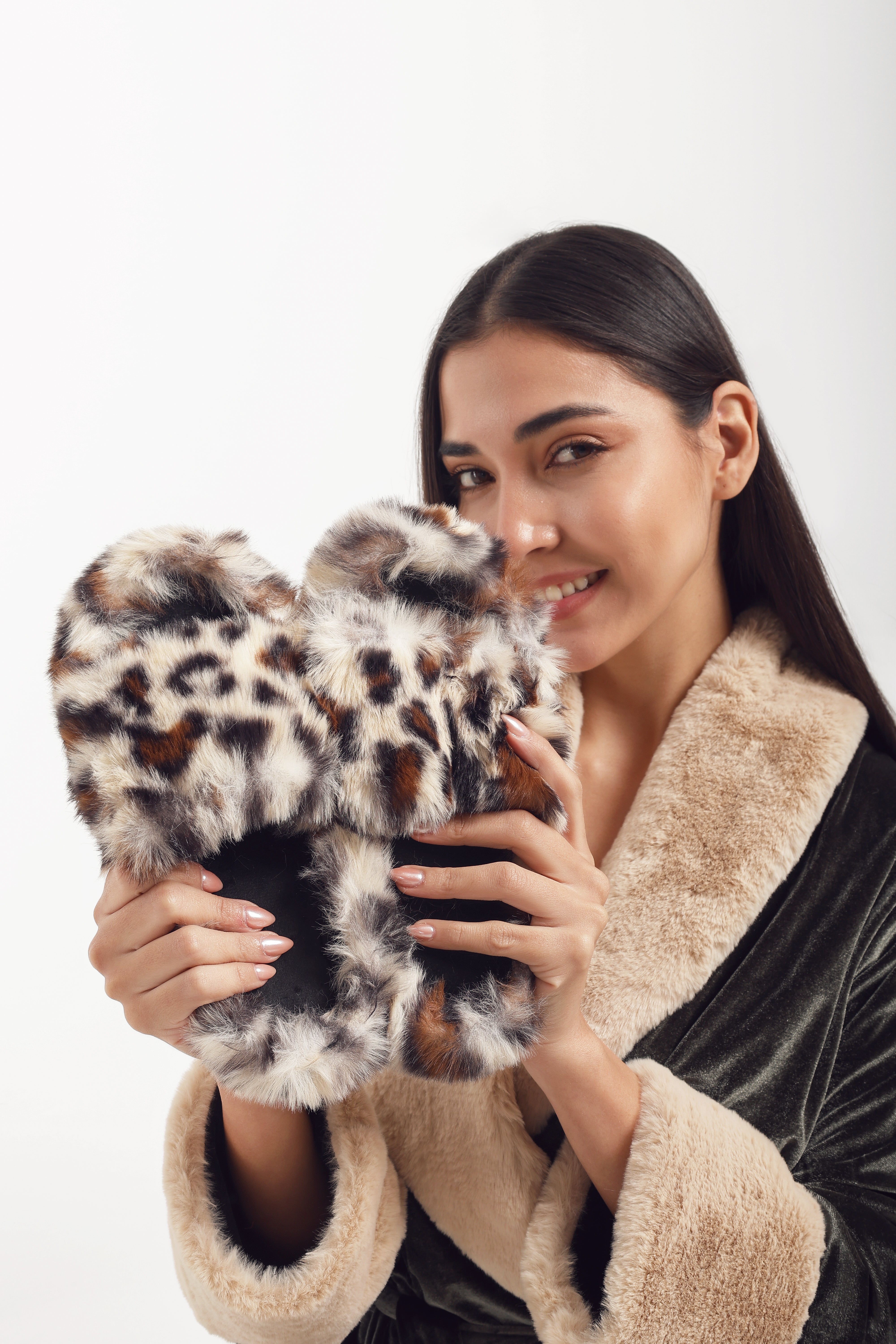 Faux Fur Open-Toe Slippers - Tiger